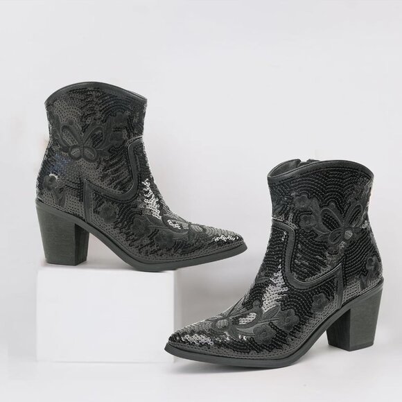 Women's Black Ankle Low with Zipper Short Western Cowgirl Pointed Toe Booties - Picture 7 of 7